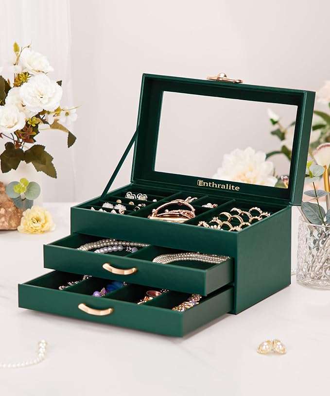 Enthralite Jewelry Box with 2 Drawers: Display Organizer for Earrings Necklaces - Christmas Gifts for Girls Women (Forest Gre