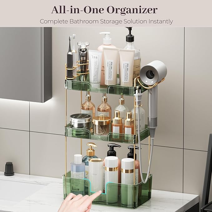 Aveniee Bathroom Counter Organizer,3 Tier Skincare Perfume Countertop Storage with Hair Dryer Rack and Toothbrush Holder, Cos