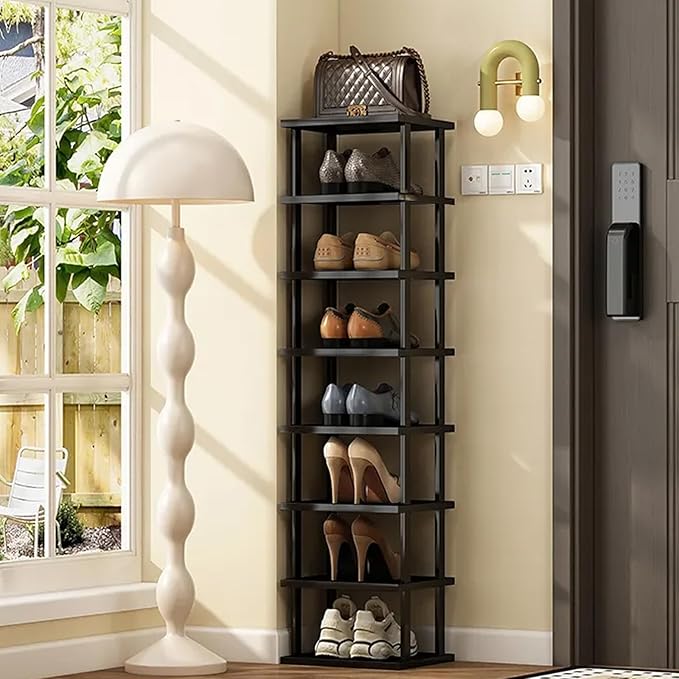 Vertical Shoe Rack - Tall Narrow Shoe Rack Organizer for Small Spaces,12 Tier Bamboo Shoen Shelf for Entryway,Closet,Corner,D