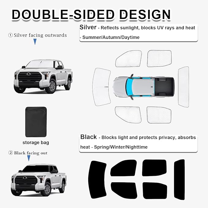 KMF 6pcs Thicken Sun Shades for Toyota Tundra 2022-2025 2026 Accessories, Custom Fit Tundra Sunshade Full Car Window Covers for Windshield Side Rear, UV Block and Privacy Blackout for Camping Outdoor
