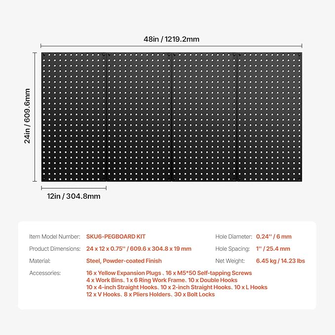 VEVOR Metal Pegboard Panels, 24" x 12" Pegboard, 4 Panels, Heavy Duty Peg Board Wall Organizer with Accessories, for Living R