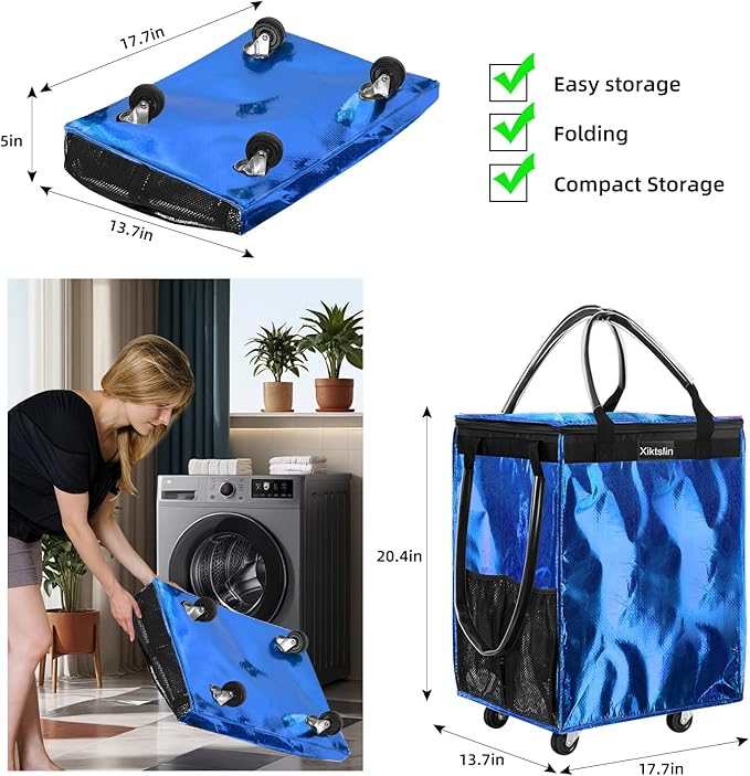 (Medium, Blue) Reusable Grocery Bag on 4 Wheels, Foldable Rolling Tote Carries Up to 66lb Shopping Trolley, Rolling Bag with 3 Handles, Zipper Clouser Rolling Tote Bag with Wheels for Laundry
