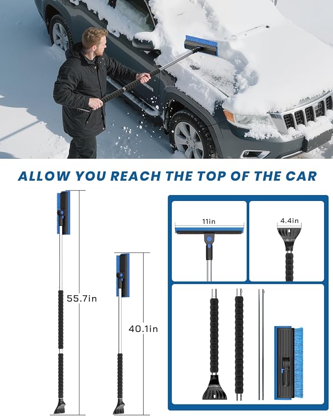 helloleiboo 2025 Extra Long 55.7" Ice Scrapers for Car Windshield Multi-Functional Detachable Car Ice Scraper with Foam Grip and 270° Pivoting Brush Head Snow Brush for SUV Truck Auto (Blue)