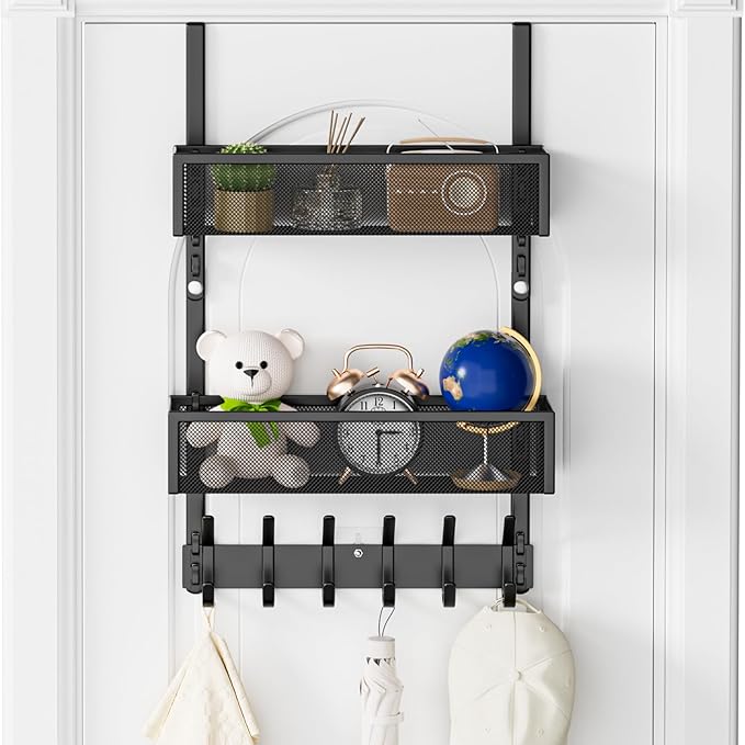 Over The Door Hooks Organizer, Over The Door Towel Rack with 12 Coat Hooks and 2 Mesh Basket, Bathroom Door Organizer Back of