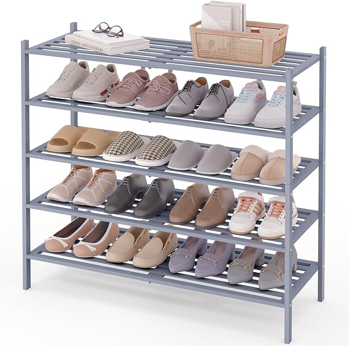 Smiry Long Bamboo Shoe Rack 5-Tier, Stackable Wooden Shoe Organizer for Entryway & Closet, Free Standing Wood Shoe Storage Sh
