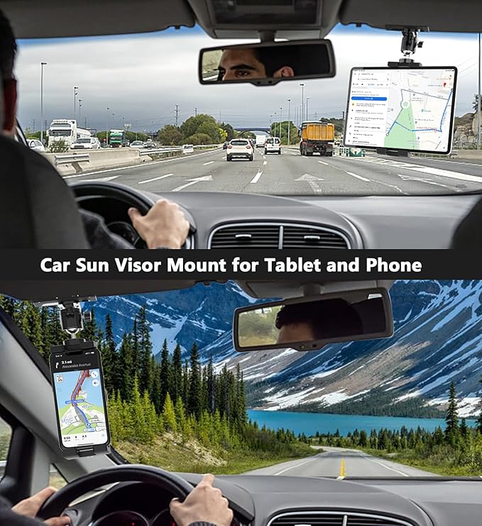 Car Sun Visor Tablet Mount, Truck Visor Tablet Holder Clip [Upgrade Clip Never Fall] Multifunctional Vehicle Phone Clamp with 1/4" Screw, for iPad, Galaxy Tabs, Fire, iPhone, 4-12.9"