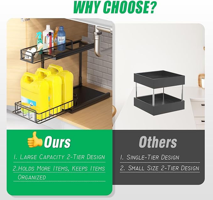 Under Kitchen Sink Pull Out Organizer, Pull Out Under Cabinet Organizer with 2 Tier for Kitchen Bathroom, Home Kitchen Storag