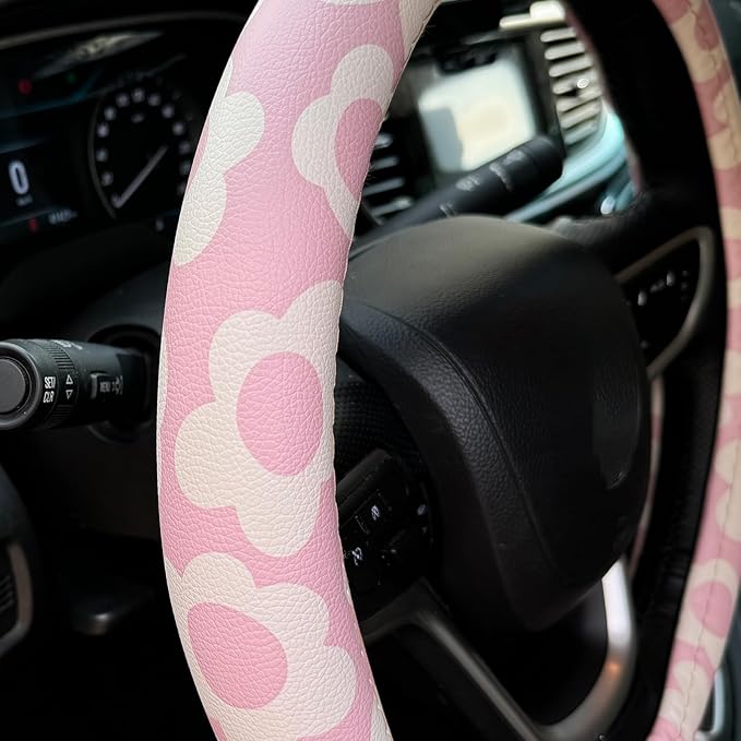 Vintage Groovy Flowers Car Leather Steering Wheel Cover - 15-inch Universal Microfiber- Soft & Breathable & Silicone Anti Sli