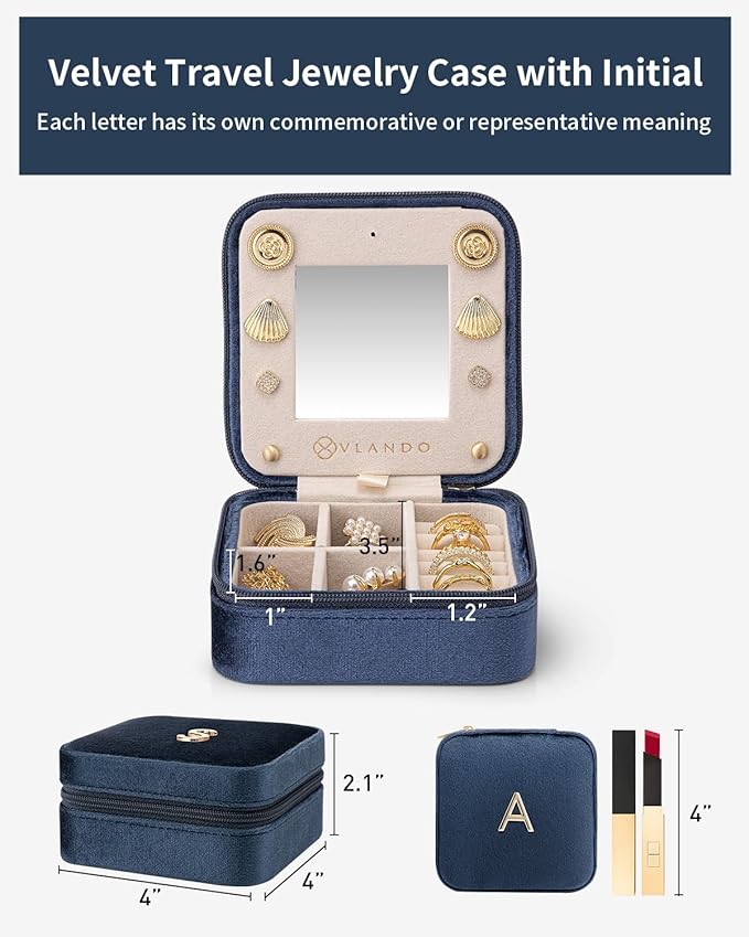 Vlando Travel Gifts 2025, Travel Jewelry Case for Girl Women, A Initial Jewelry Case, Mini Jewelry Travel Organizer Travel Es