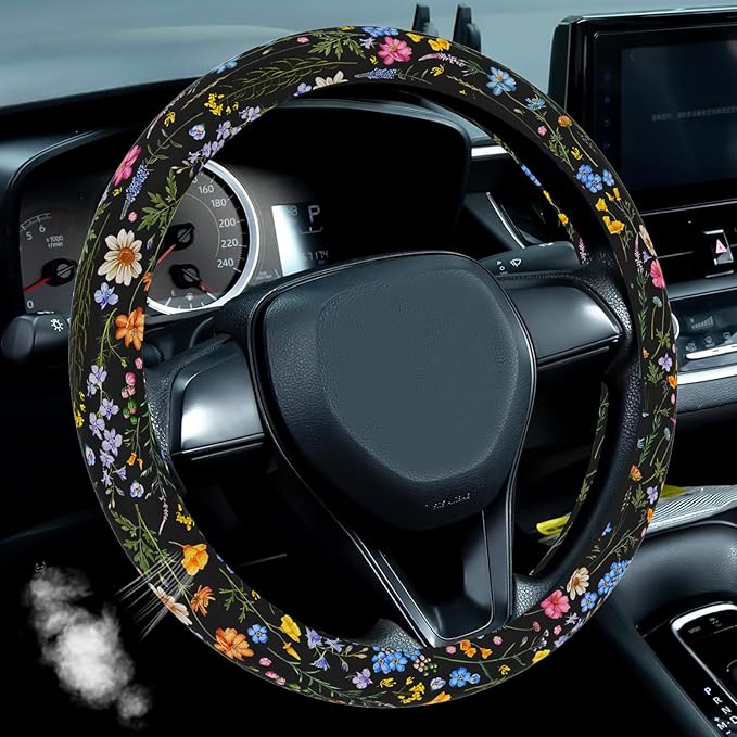 Wildflower Steering Wheel Cover, Flower Car Accessory for Diverse Cars, Steering Wheel Cover Non-Slip Breathable Fabric Absor