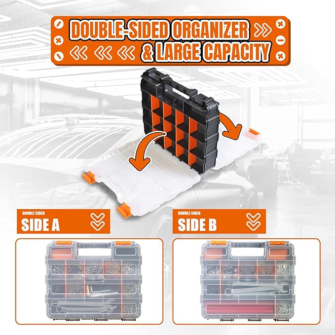 Jack Boss Tool Box with Transparent Lid, Double Side 34-Compartments Organizer Box with Removable Dividers for Hardware, Scre