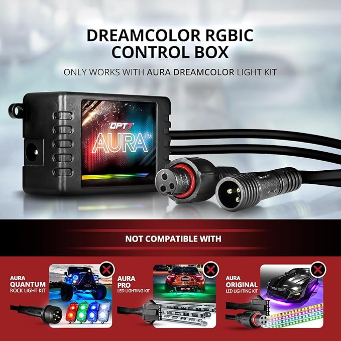 OPT7 Aura DreamColor RGB-IC LED Car Interior Light Strips, 4PC Interior Ambient Lighting Kit with APP & Remote Control, 12V Color Chasing Lights Universal for SUV Trucks Pickups Van, Easter Gifts