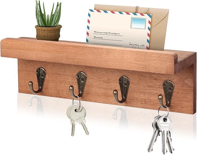 HRONRAD Rustic Key Holder for Wall, Farmhouse Wall Shelf with 4 Hooks, Wall Mounted Key Racks, Wooden Mail Organizer with Hoo