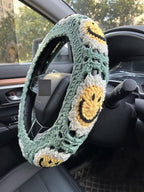 Handmade Crochet Sun Car Steering Wheel Covers Universal 14-15 inch,Cute Steering Wheel Cover,Car Accessories (Sun Wheel Cover+2belt Cover+2Coaster+Hanging)
