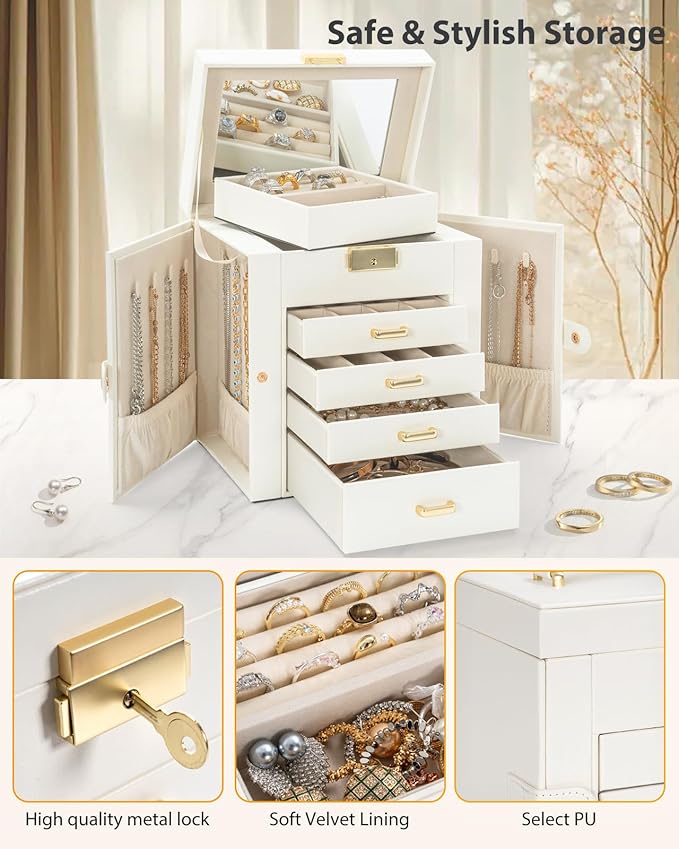 AKOZLIN 5-Tier Jewelry Box Leather Jewelry Storage Organizer with 4 Drawers Lockable for Women Girls Ring Necklace Earring Br