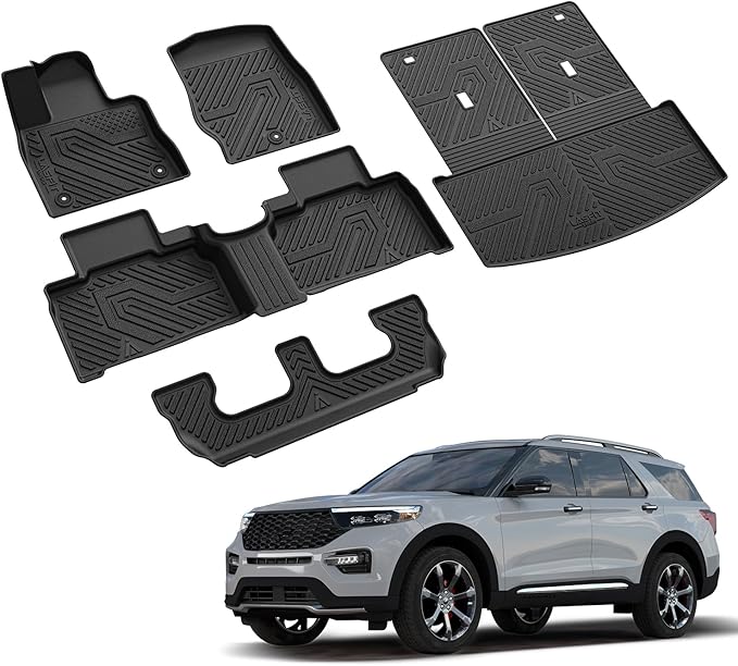 LASFIT Floor Mats & Cargo with Backrest Mat for Ford Explorer 7 Seats 2020-2025 2026 7 Passenger(Not Fit 6 Seats), Custom Fit All Weather Protector TPE Easy Clean Floor Liners, 5pcs Full Set Black