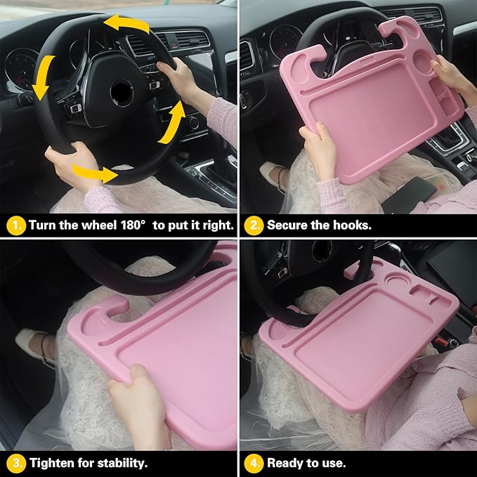 4 in 1 Car Steering Wheel Tray with Dual Sauce Dip Holder and Tablet Holder,Car Table Food Trays for Eating,Driver Desk Fit Most Auto Vehicle Steering Wheels (Pink, Large)