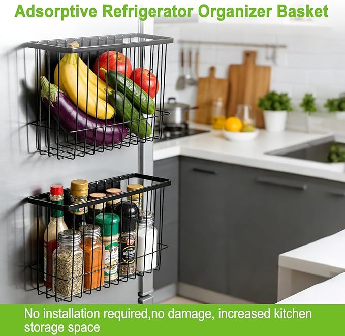Funvalley Surperfect Magnetic Wire Mesh Storage Baskets, Black Steel Wall Mount Organizers, 2-Pack Large and Medium, Modern I