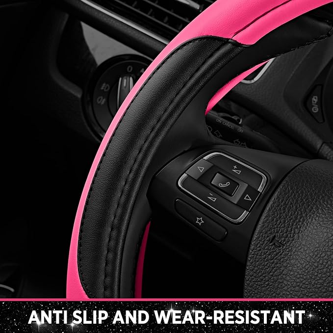 Road Comforts Leather Steering Wheel Cover - Made with PVC Leather - Anti-Slip, Universal Fit 14 1/2 inches to 15 inches - Ho