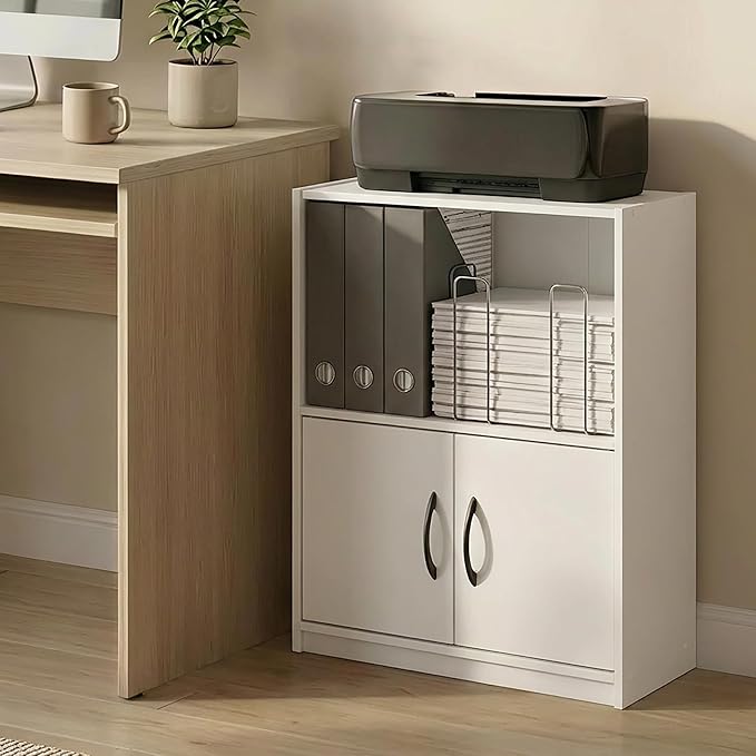 Furinno Gruen Book Shelf, 2-Tier Small Bookshelf, Bookcase with Open Shelf and Doors Storage Cabinet, 9.3 x 21.8 x 27, for Or