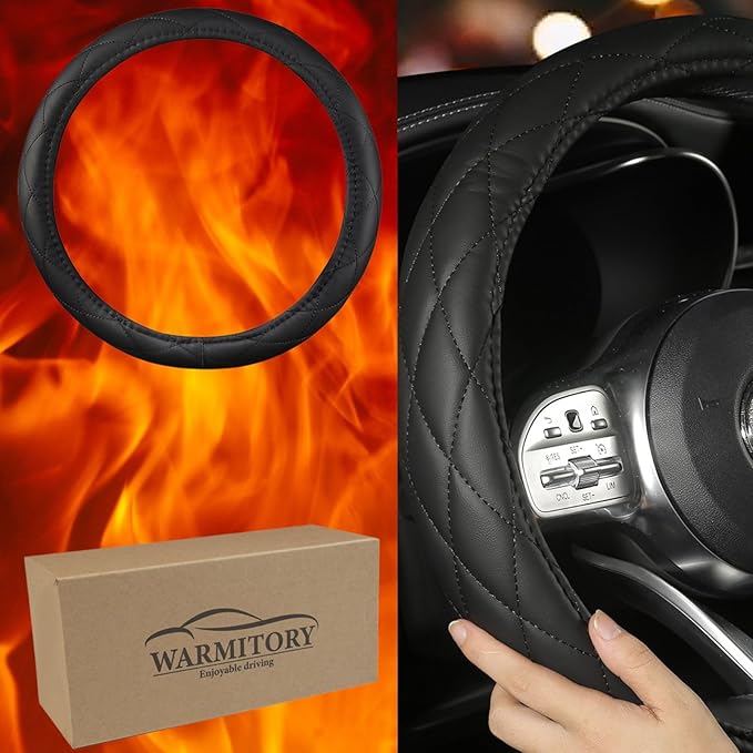 Heated Steering Wheel Cover - WARMITORY Luxury Steering Wheel Heater, 12V Quick Hand Warmer, 14.5-15 inches (Leatheret PU) (Jade Black)