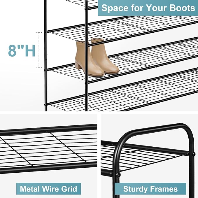 AOODA 4 Tier Long Metal Shoe Rack for Closet Wide Stackable Shoe Storage Organizer for Entryway, Bedroom, Floor, Holds 30 Pai