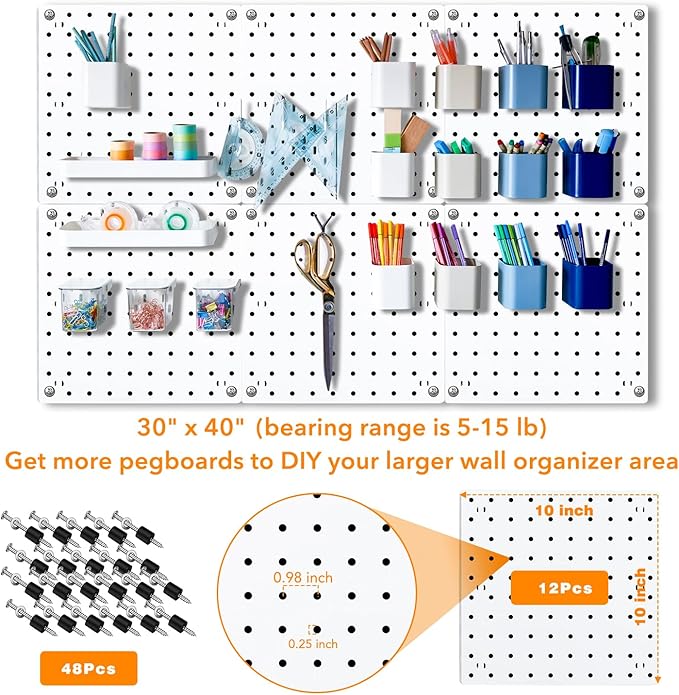 12Pcs Pegboard, Pegboard Wall Organizer, Peg Boards for Walls Craft Room, Pegboard Kits fit Garage Kitchen Workshop, Small Pe