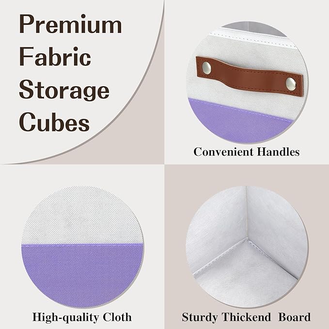 Temary Foldable Cube Baskets 4Pack - Clothes Shelf Storage with Handles, Fabric Storage Organizer Bins (White&Purple, 13x15x1