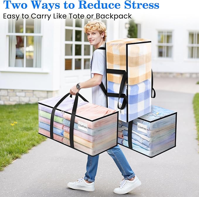 BlissTotes 4-Pack Large Moving Bags with Backpack Straps & Strong Zippers, Heavy-Duty Storage Bags Moving Boxes for Space Sav