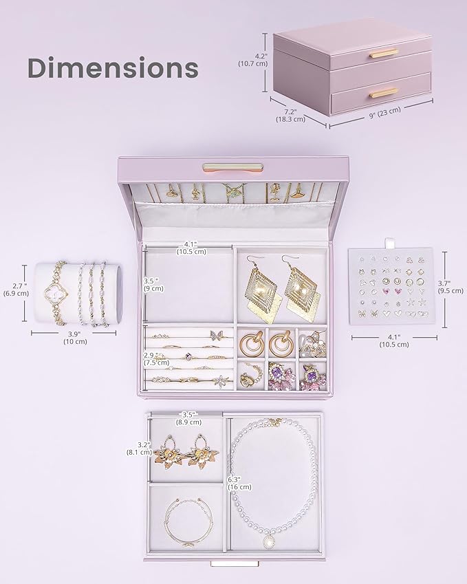 Lolalet 2-Layer Jewelry Box Organizer for Women Girls, Jewelry Storage Case Holder with Drawers for Necklaces Ring Earrings B