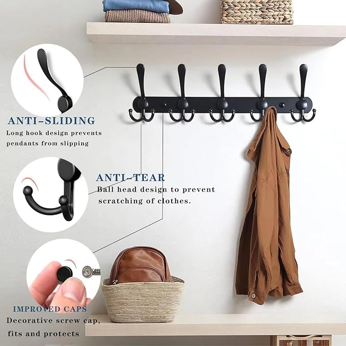 2-Pack Coat Rack Wall Mounted – Space-Saving Wall Clothes Rack, 5 Tri Hooks, Stainless Steel Entryway Organizer for Coats, Ha