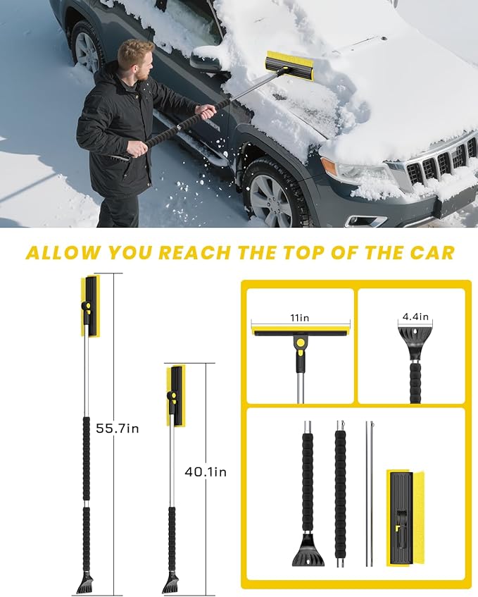 helloleiboo 2025 Extra Long 55.7" Ice Scrapers for Car Windshield Multi-Functional Detachable Car Ice Scraper with Foam Grip and 270° Pivoting Brush Head Snow Brush for SUV Truck Auto(Yellow)