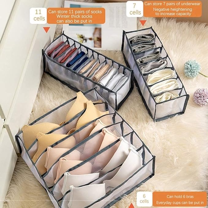 3 Set Underwear Organizer, Foldable Bra Underwear Drawer Organizer Divider Bins for Underwear, Socks, Ties, Bras, Underwear S