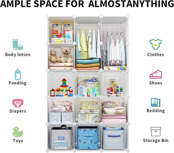 Modular Baby Wardrobe Closet, Portable Children Organizers and Storage for Nursery,15 Cubes with Hanging Rods,Multi-Functiona