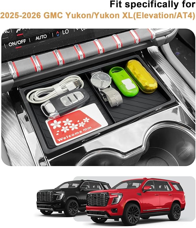 ECOZEN 2026 GMC Yukon Center Console Organizer - Double-Layer TPE For 2025-2026 Yukon/Yukon XL Console Storage Tray Compatible with 2025-2026 Yukon XL(Elevation/AT4) Accessories - Not For Denali