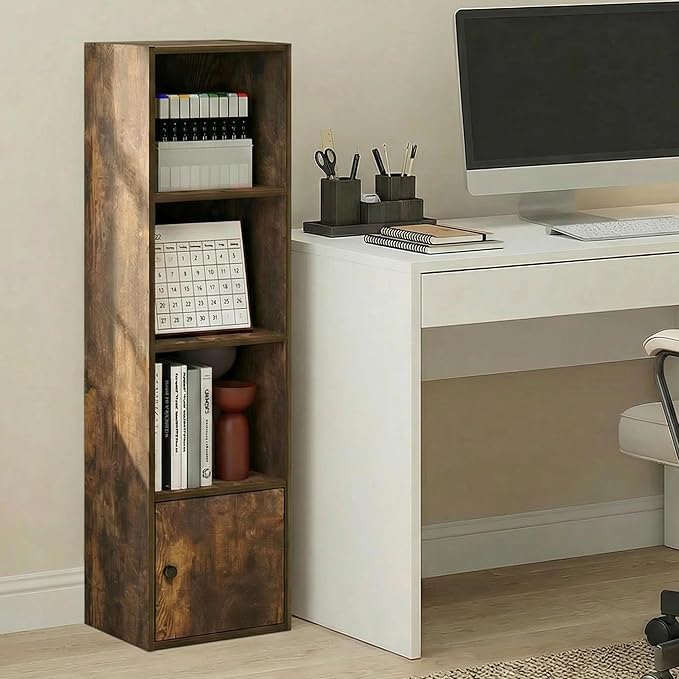 Furinno LUDER Book Shelf, 4-Tier Bookshelf with Open Shelf, Standing Bookcase with 1 Door Cabinet, 9.3 x 12 x 41.8, for Organ