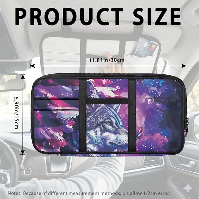 American Flag Car Sun Visor Organizer Tactical Car Accessories with Zipper Visor Storage Pouch Visor Organizer Car Sun Storage Pocket with Zipper,Wolf Print