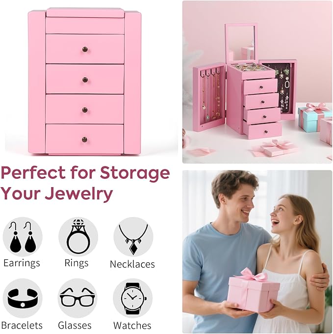 Meangood Jewelry Box Wood for Wowen, 5-Layer Large Organizer Box with Mirror & 4 Drawers for Rings, Earrings, Necklaces, Pink