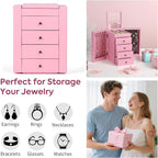 Meangood Jewelry Box Wood for Wowen, 5-Layer Large Organizer Box with Mirror & 4 Drawers for Rings, Earrings, Necklaces, Pink