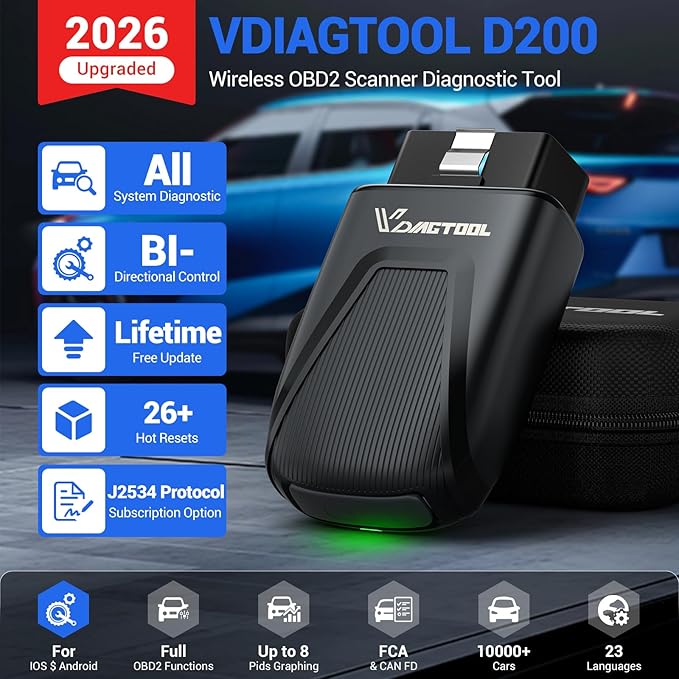 OBD2 Scanner Bluetooth VDIAGTOOL D200, Bidirectional Scan Tool - Lifetime Free Updates, 26 Resets (Upgradeable to 49+), Full