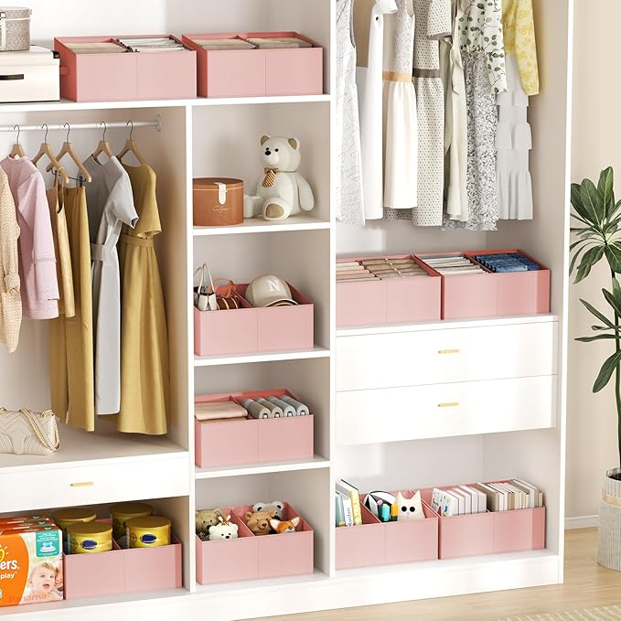 DIMJ Large Closet Shelf Organizer Bins 8 Packs with Handles and Divider, Fabric Trapezoid Storage Baskets, Foldable Clothes C