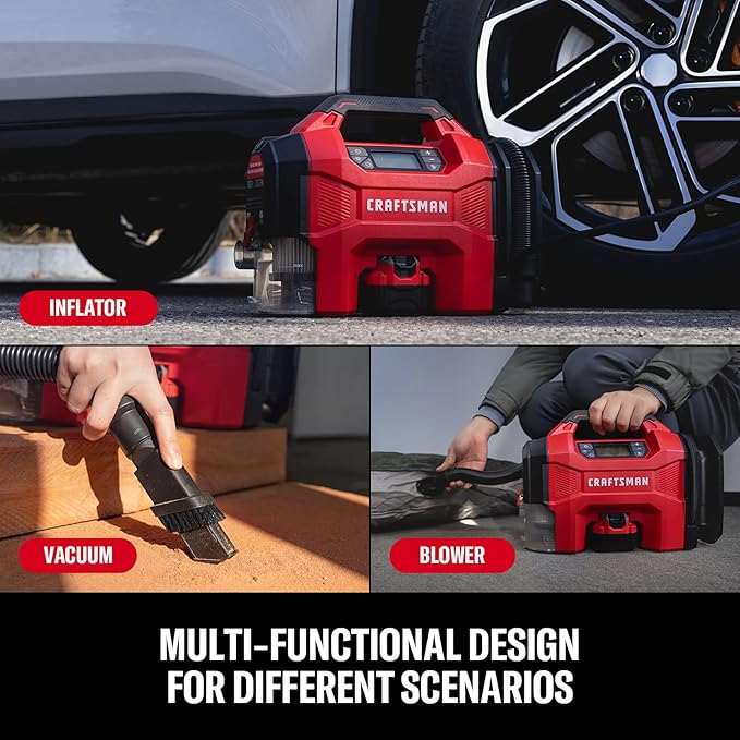 CRAFTSMAN 3-in-1 Cordless Portable Tire Inflator 160 PSI Air Compressor, 4.0Ah Battery & 12V Charger, Car Vacuum, Dust Blower & LED Light for Car, Bike, Ball, Inflatable Mat & SUP