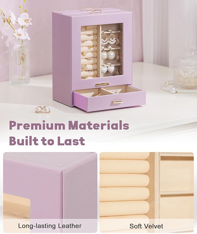 Homde Jewelry Organizer Girls Women Jewelry Box for Necklaces Rings Earrings Gift Bracelets Storage Case (Grey Purple + Gold)