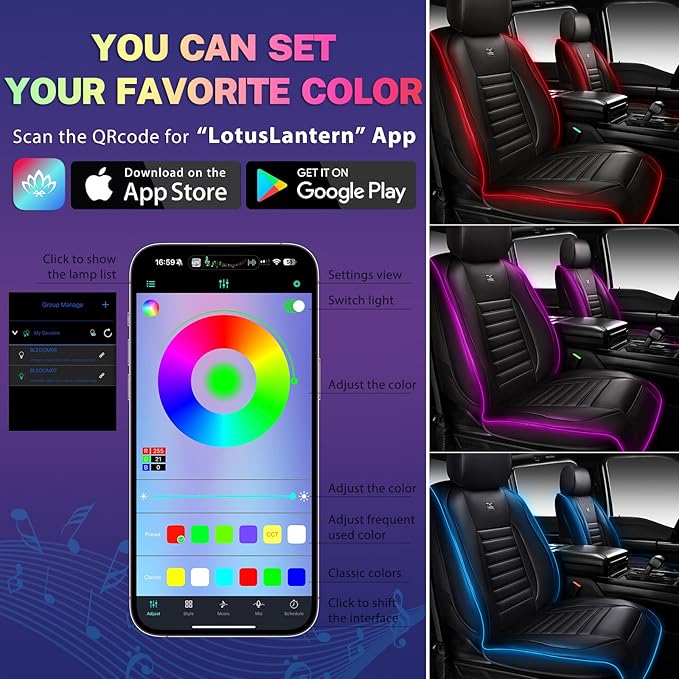 CAR PASS LED Lights Nappa Leather Car Seat Covers Front Seats, Waterproof Seat Cover for Cars Variable RGB Lights with DIY Mu