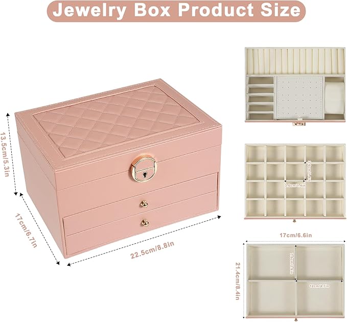 3-Layer Jewelry Box for Women, Jewelry Organizers and Storage with Removable Jewelry Tray, Vintage Quilted Top Lockable Jewel