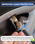 Tire Inflator with Pressure Gauge and Longer Hose - Most Accurate, Heavy Duty Air Chuck with Gauge for Air Compressor Tire Inflator Attachment - 100PSI