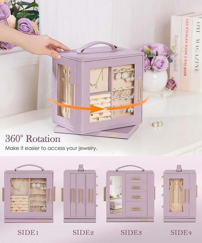 Homde Jewelry Box 360° Rotating, Necklace Earring Organizer with Transparent Window, Mirror, 7 Drawers, Large Ring Display St