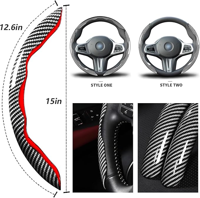 Car Steering Wheel Cover Set Bright Carbon Fiber Wrap Non-Slip 3pcs Steering Wheel Accessories 14.5-15 inch Universal (Silver)