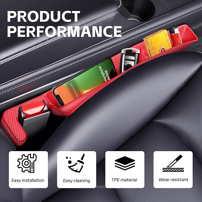 2PCS Car Seat Gap Filler Organizer, Multifunctional Seat Gap Storage Box for Phone Key, Stop Things from Dropping Between Seat and Console, Universal Interior Car Accessories (Red)