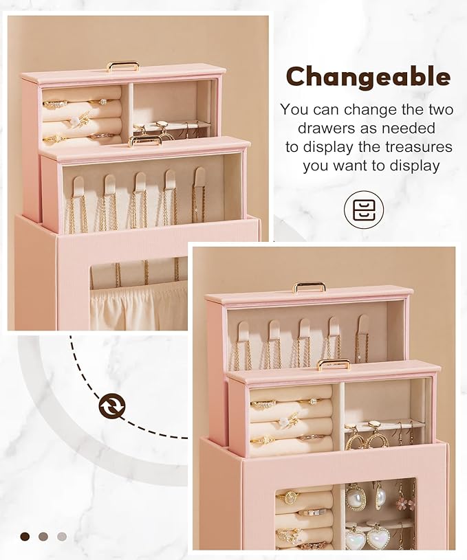 Homde Jewelry Organizer Girls Women Jewelry Box for Necklaces Rings Earrings Gift Bracelets Storage Case (Peach Pink + Gold)